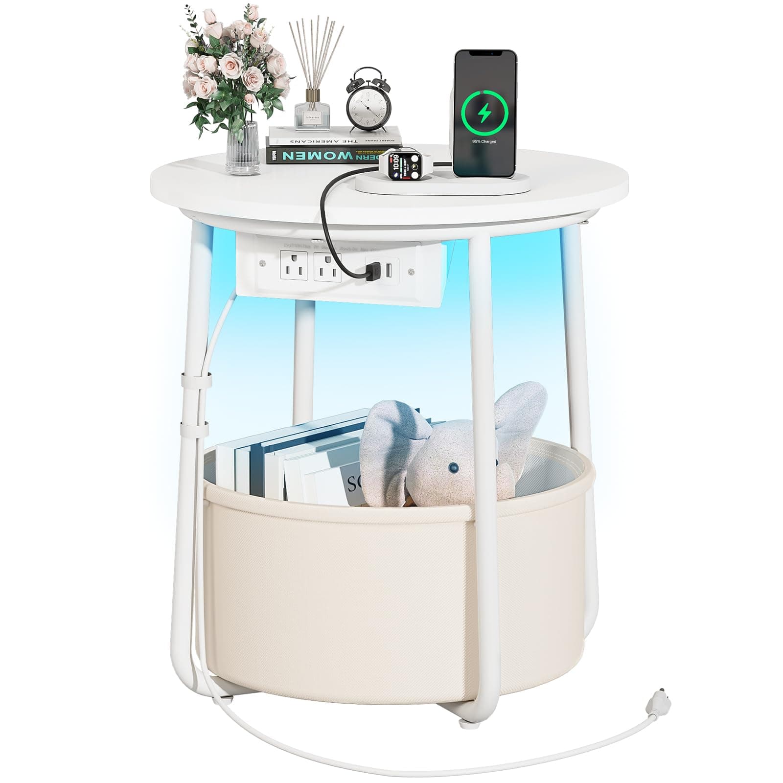 Yoobure LED Night Stand with Charger, Round Storage Table for Living Room or Bedroom