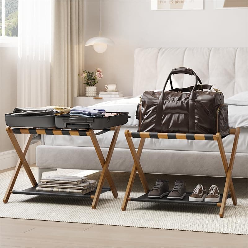 Folding Luggage Rack for Guest Room, Wood Finish - Holds up to 131 lb