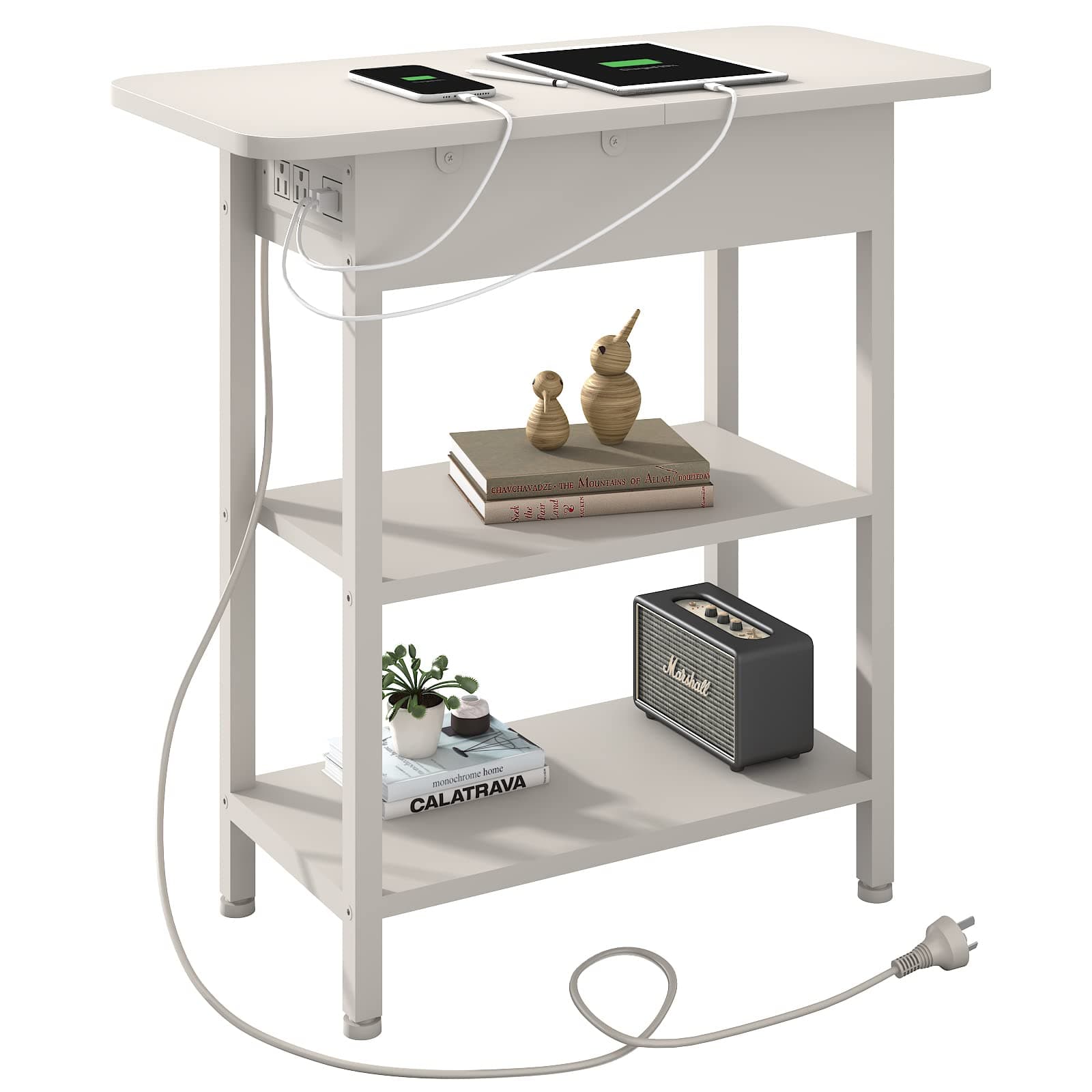 LIDYUK Flip Top Side Table with USB Ports & Outlets, White