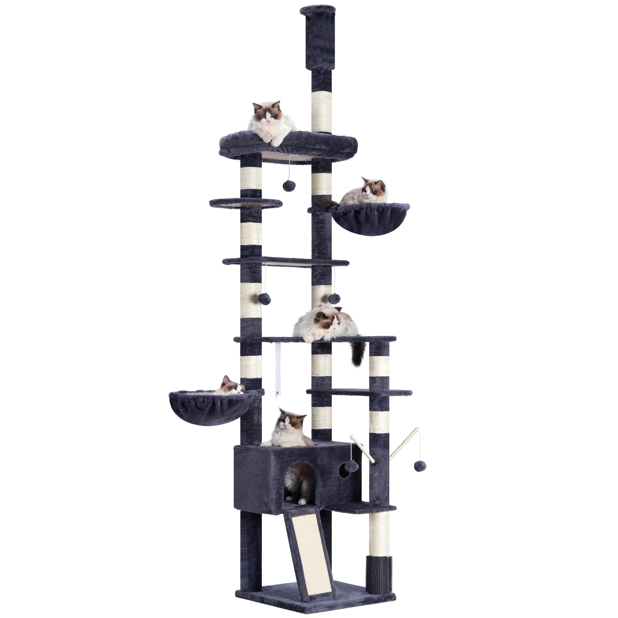 Hey-Brother Smoky Gray Tall Cat Tree, 94.5-106.3 Inches Adjustable Height