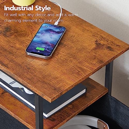 HOOBRO Rustic Brown & Black End Table with Charging Station BF486UBZ01