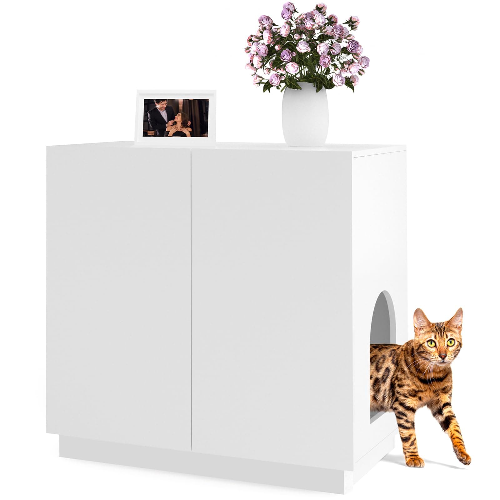 Modern Large Cat Litter Box Enclosure with Storage & Side Cabinet (White)