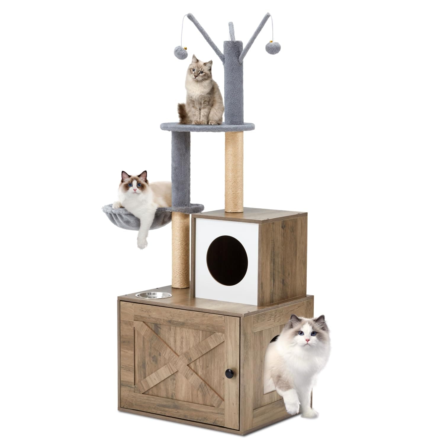 Erinnyees Litter Box with Cat Tree & Hidden Washroom for Indoor Cats