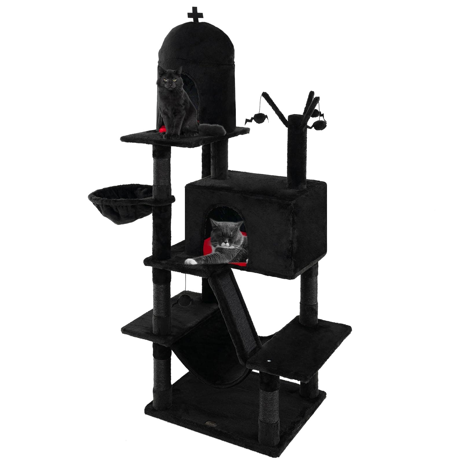 Gothic 67 Inch Tall Cat Tree with Scratching Posts & Ladder, Spooky Balls & Hammock, Black