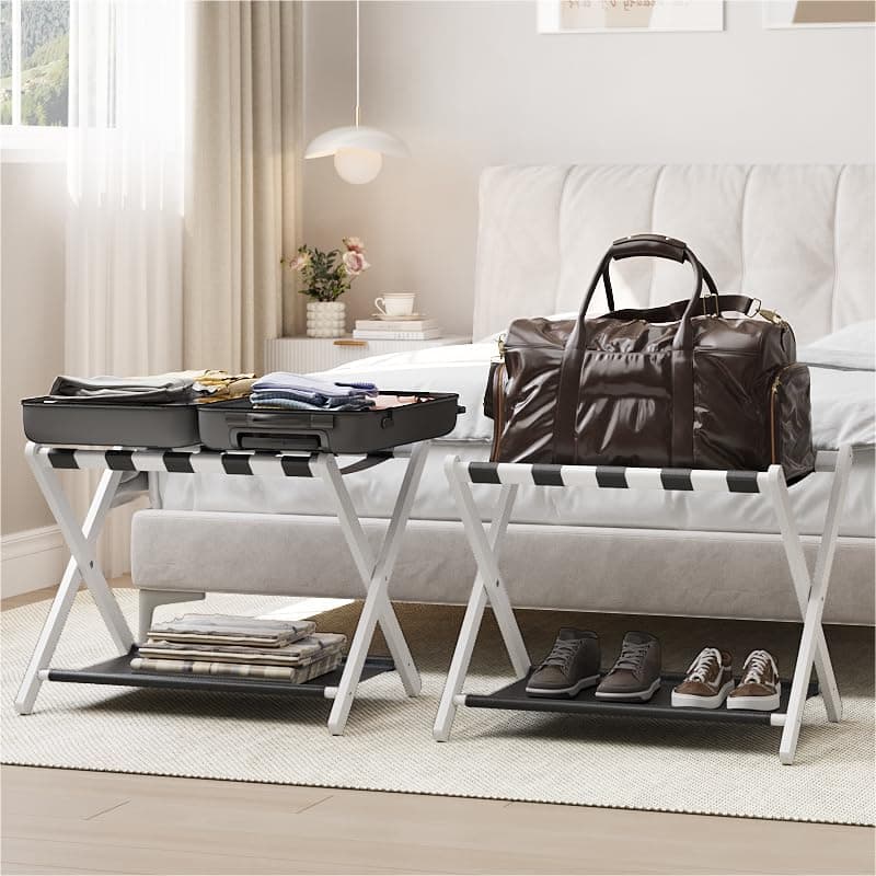 Folding Luggage Rack, White Bamboo Suitcase Stand with Storage Shelf, 2 Pack, Holds up to 131 lb