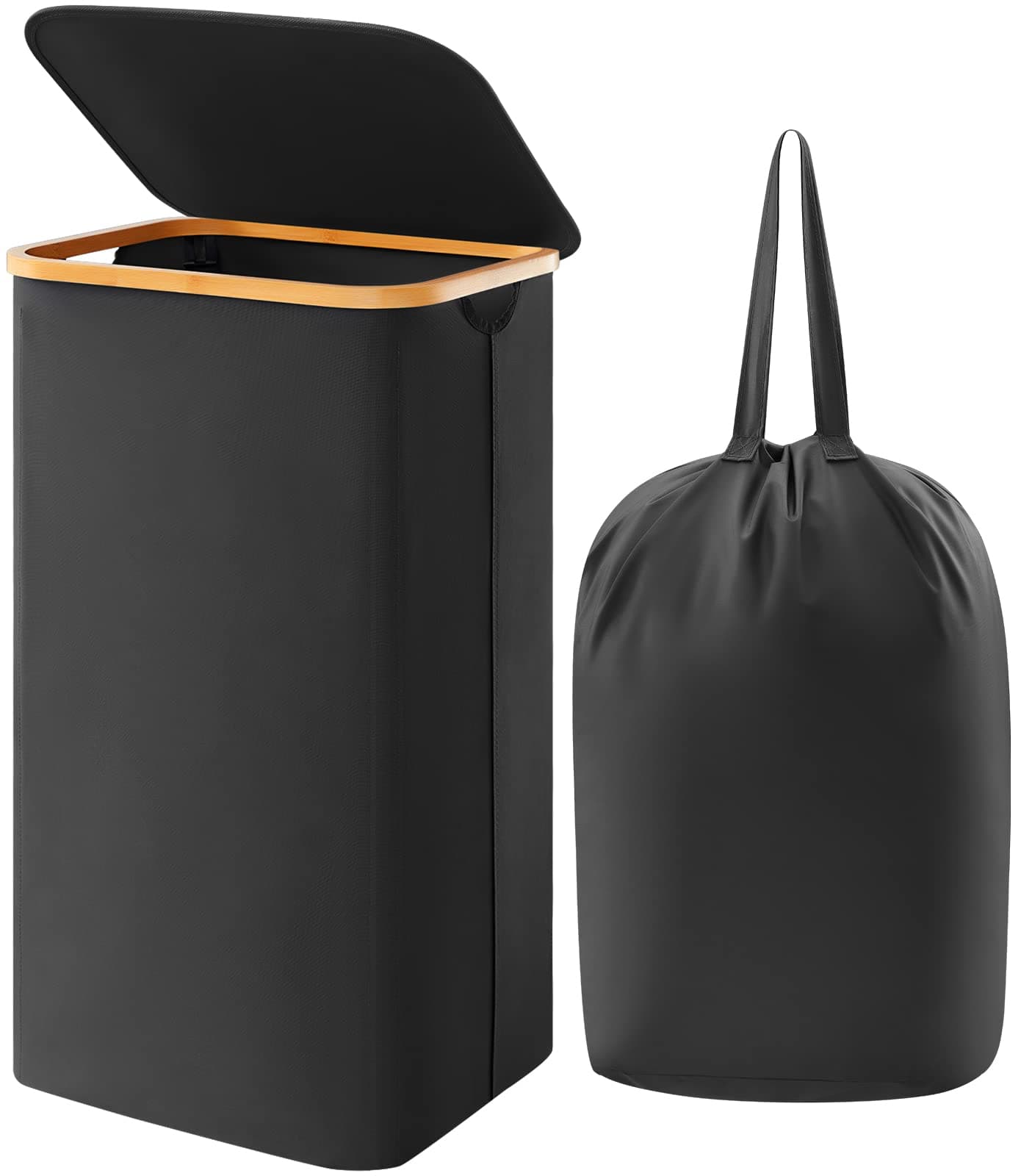 Lifewit Large Foldable Black Laundry Basket with Lid, Bamboo Handles