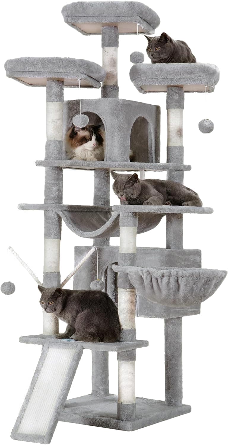 Hey-brother Light Gray 71" XL Cat Tree with 3 Padded Perches & Scratcher MPJ034W