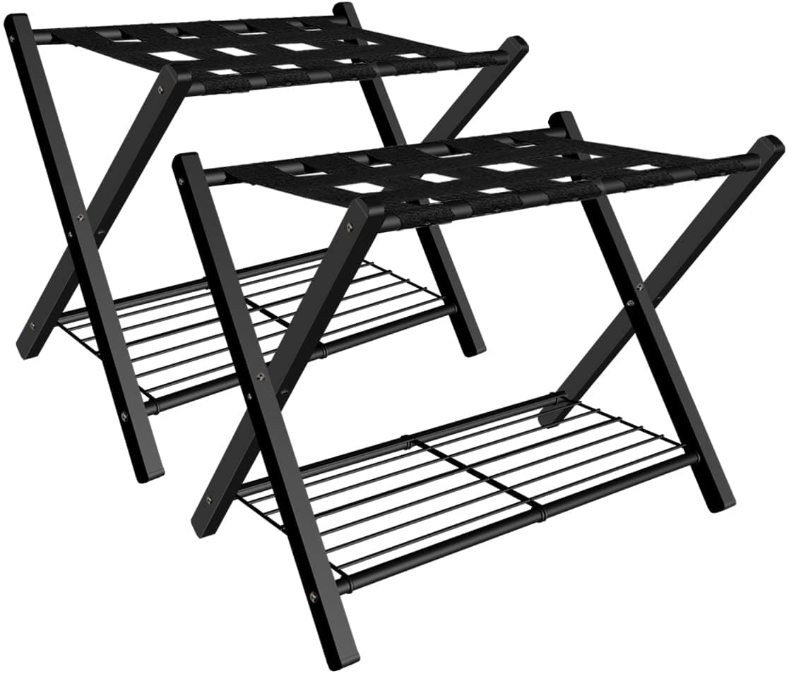 Black Metal Foldable Suitcase Stand with Shelf, 2 Pack
