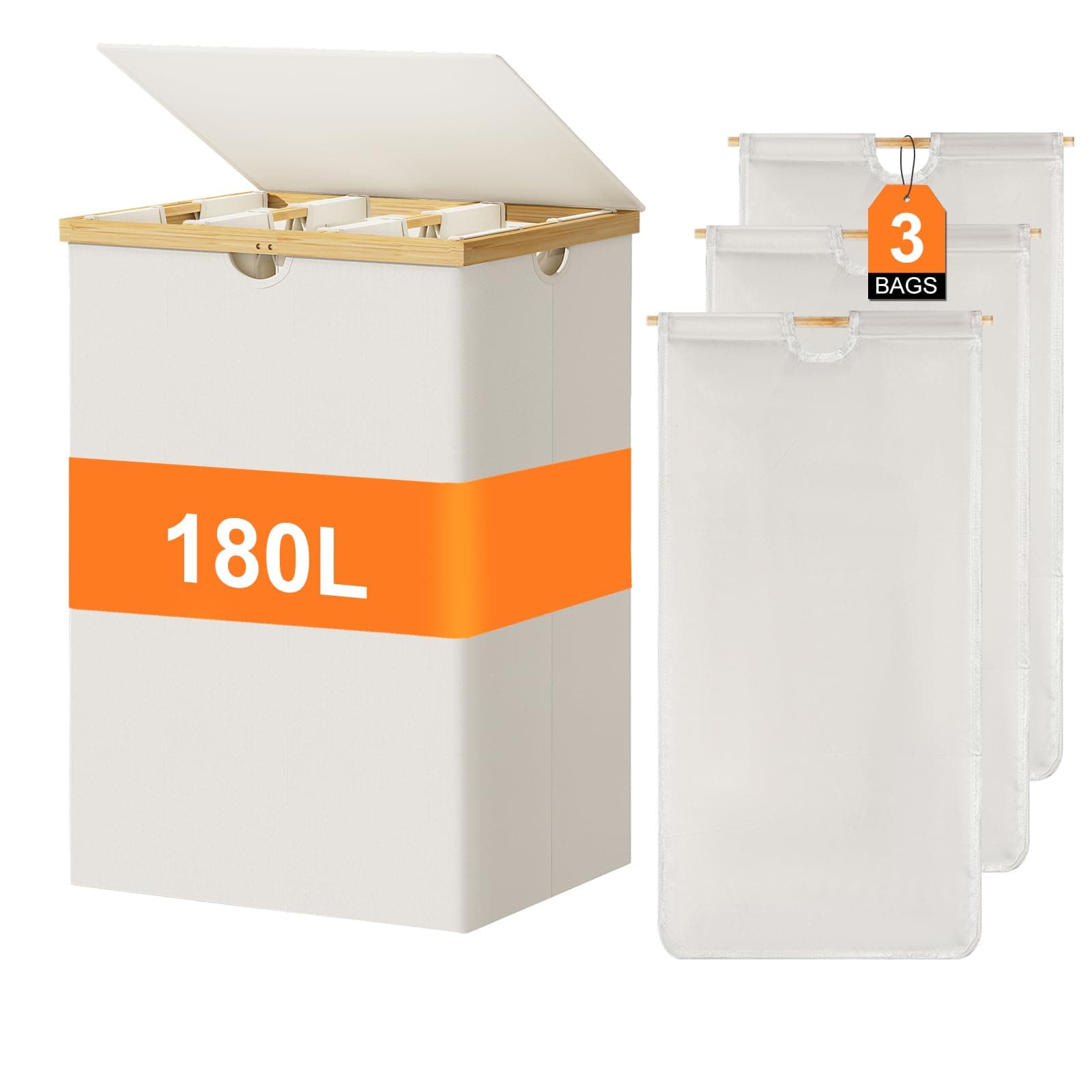 WOWLIVE 180L Extra Large Bamboo Laundry Hamper with Removable Bags, Beige