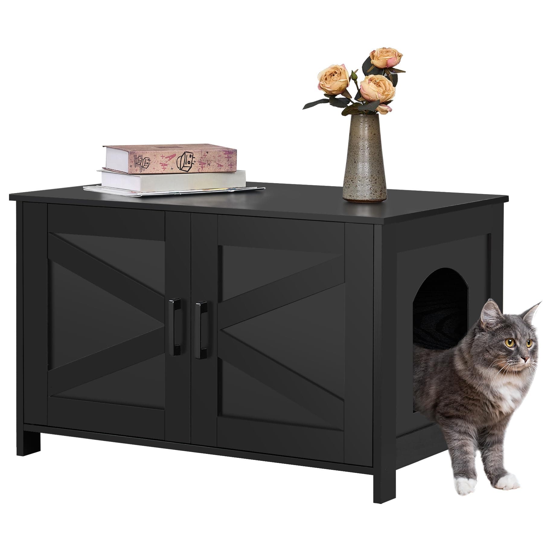 Homedy Black Wooden Cat Washroom with Barn Door, Fit Most Litter Box
