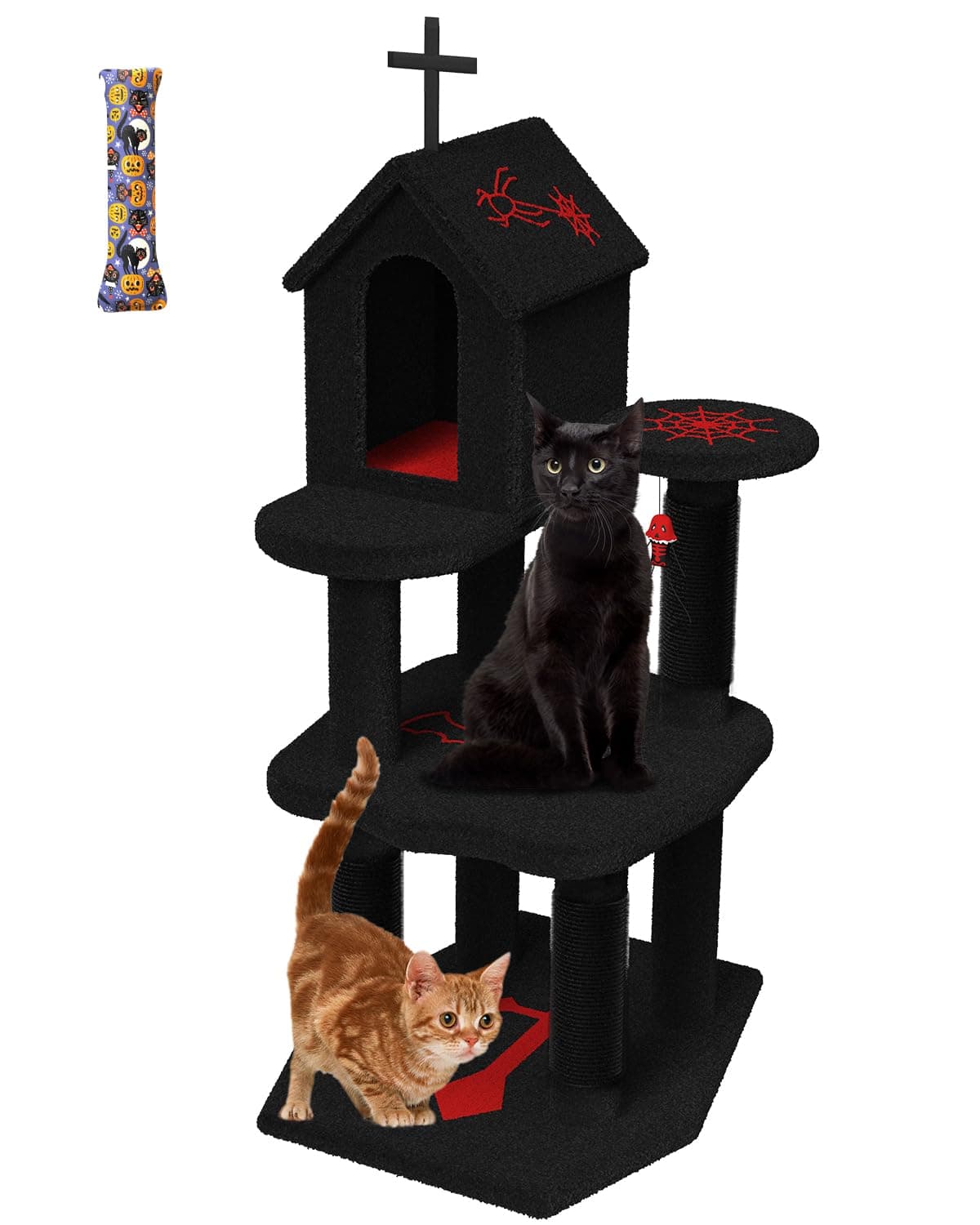 Gothic 55-Inch Cat Tower for Large Indoor Cats with Dual Condos and Scratching Board - Black