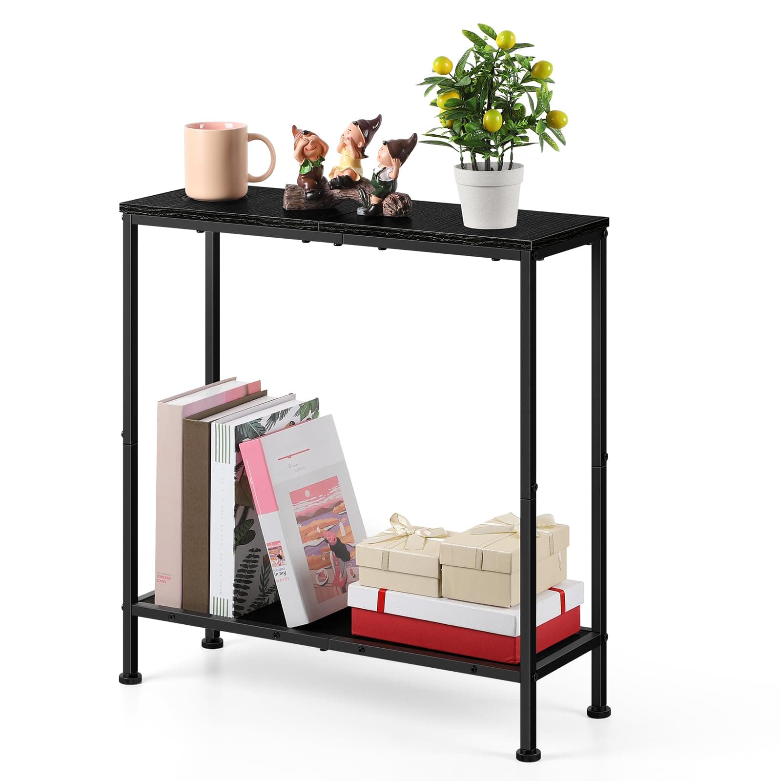 OYEAL Black Narrow Side Table with Cup Holder and Storage Shelf