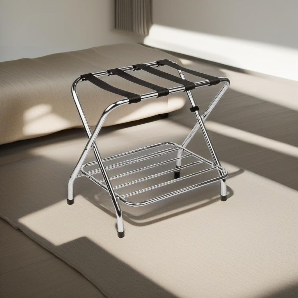 Double Tier Chrome Foldable Luggage Rack for Guest Room
