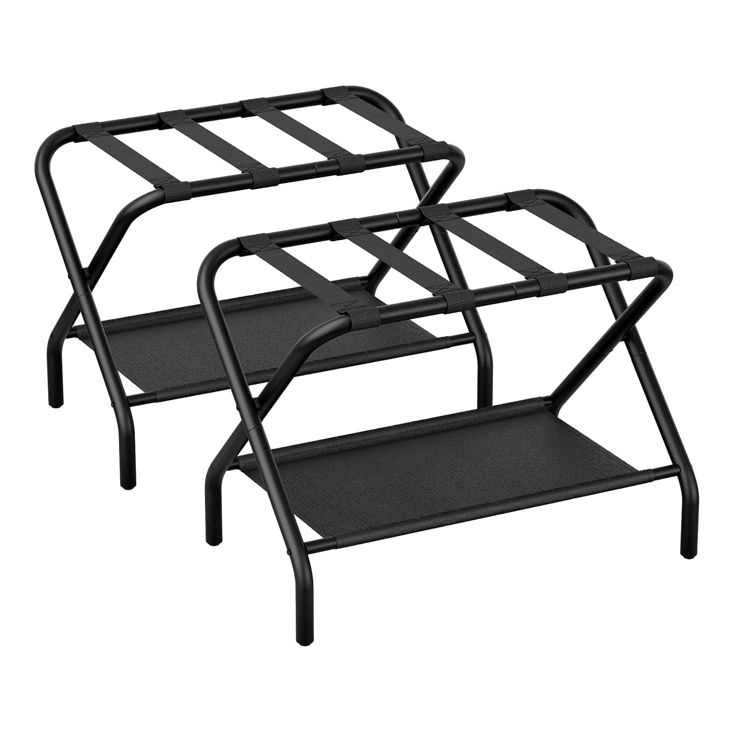 Pack of 2 Folding Luggage Racks with Shoe Shelf - Steel Stand for Guest Room, Hotel, Airbnb - Black