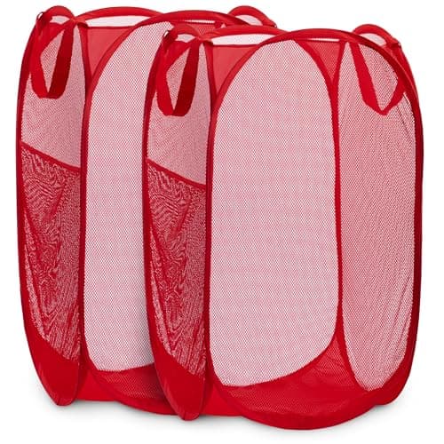 Sturdy White Collapsible Laundry Hamper with Side Pocket – Space-Saving and Breathable (2-Pack) — Red, 2-PACK