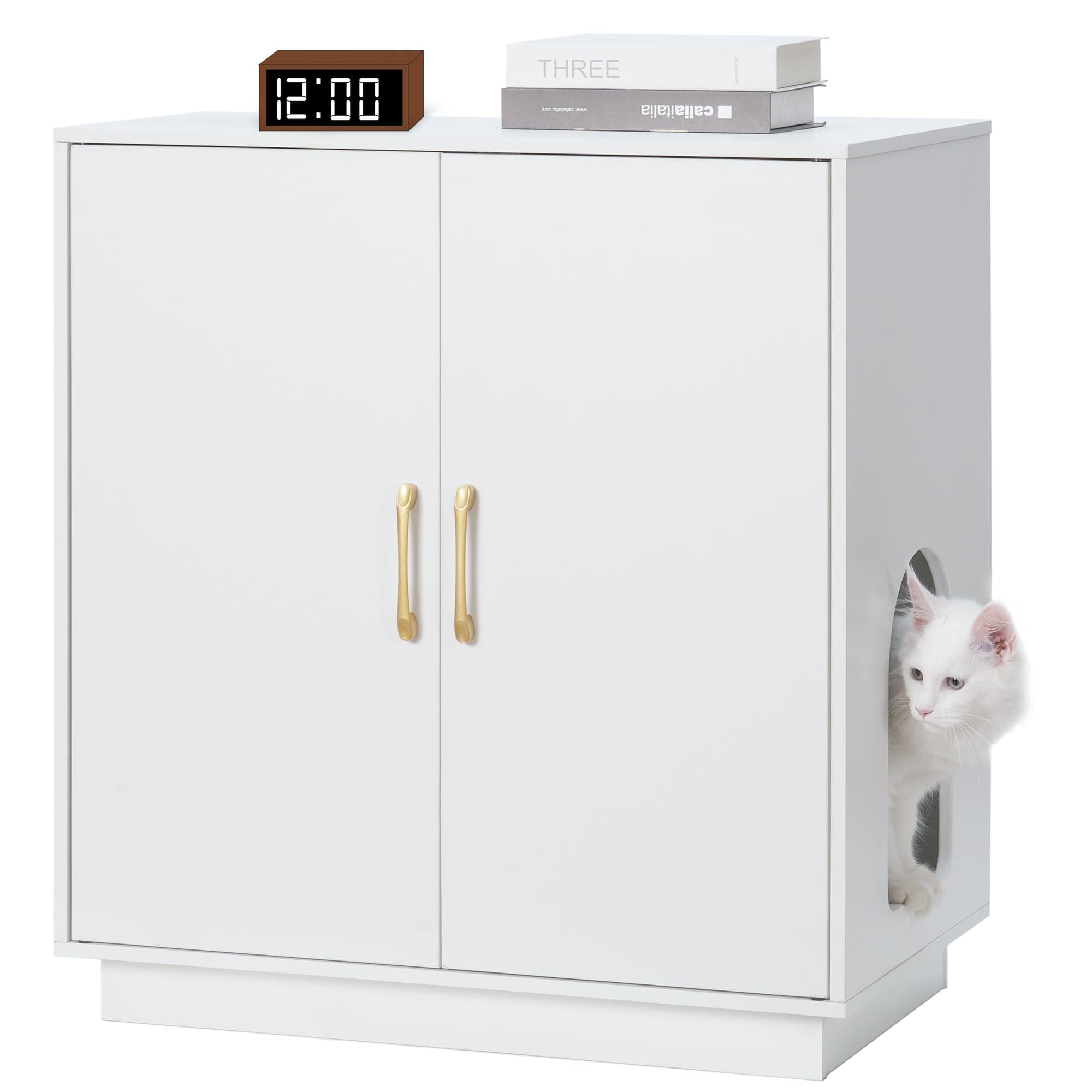 Modern White Cat Litter Box Enclosure with Hidden Storage & Side Table GCLB003WT