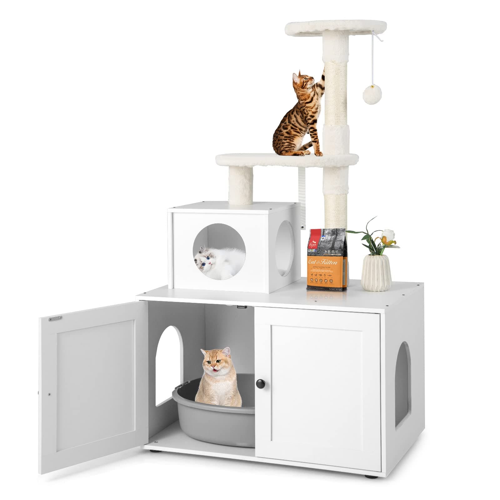 Tangkula 2-in-1 Litter Box with Cat Tree & Hidden Washroom for Indoor Cats (White)