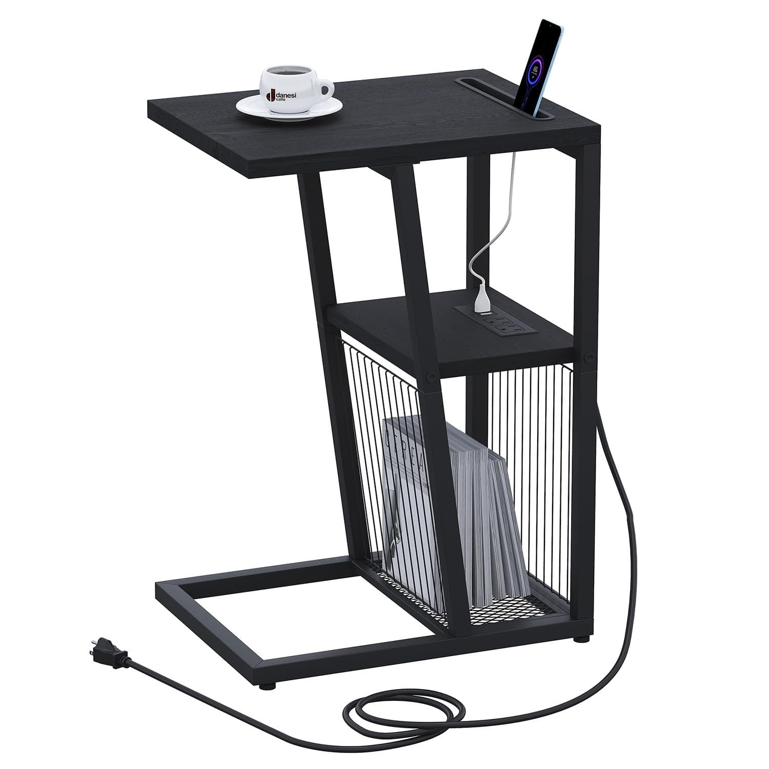 C Shape Side Table with Charging Station and Phone Holder for Small Spaces