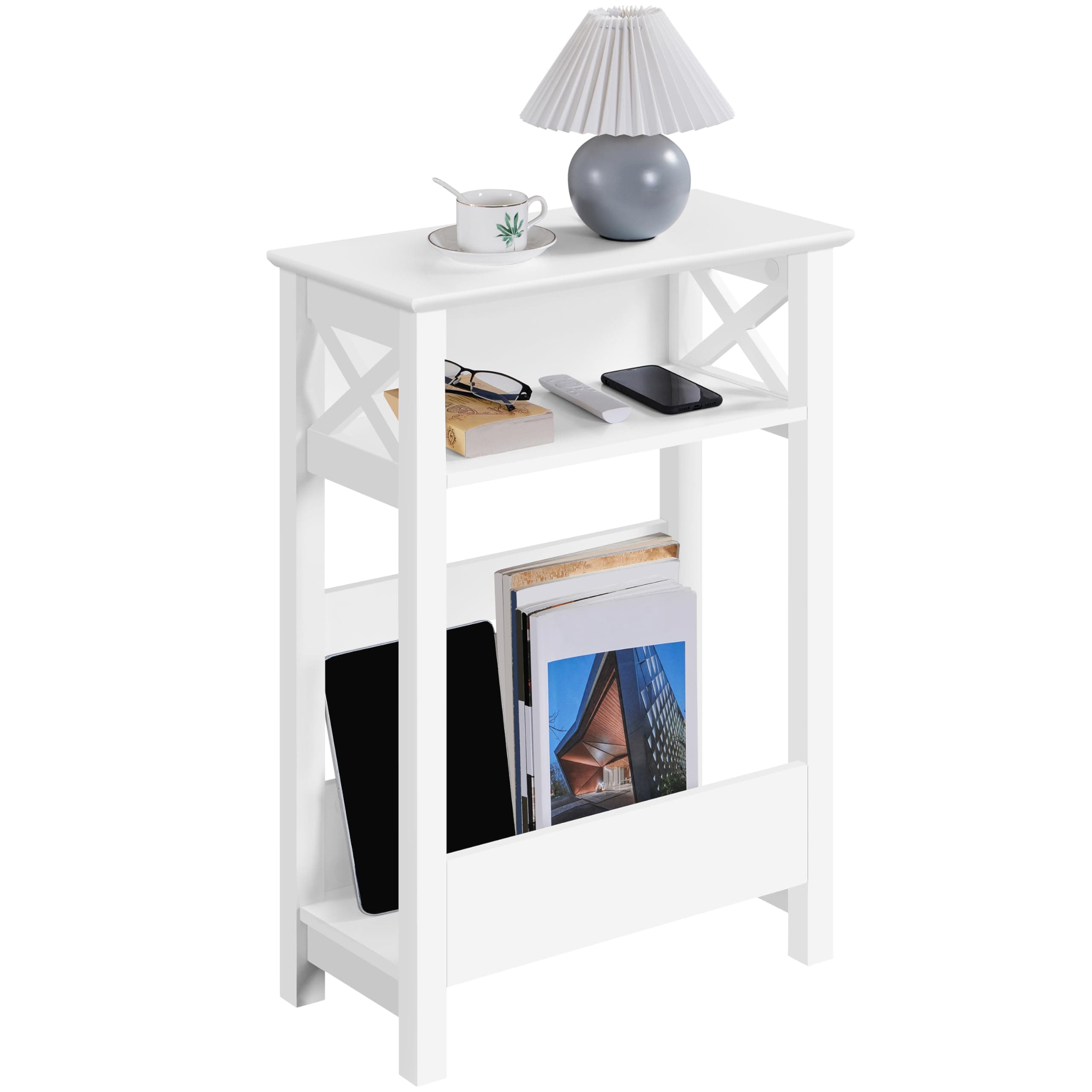 Yaheetech White 3-Tier Slim X-Shaped Storage Table with Magazine Rack, Living Room Office Balcony
