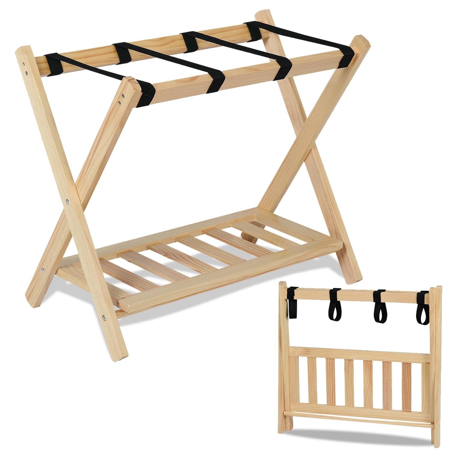 Wooden Luggage Racks Set of 3, Foldable with Storage Shelf, Hotel Suitcase Stand
