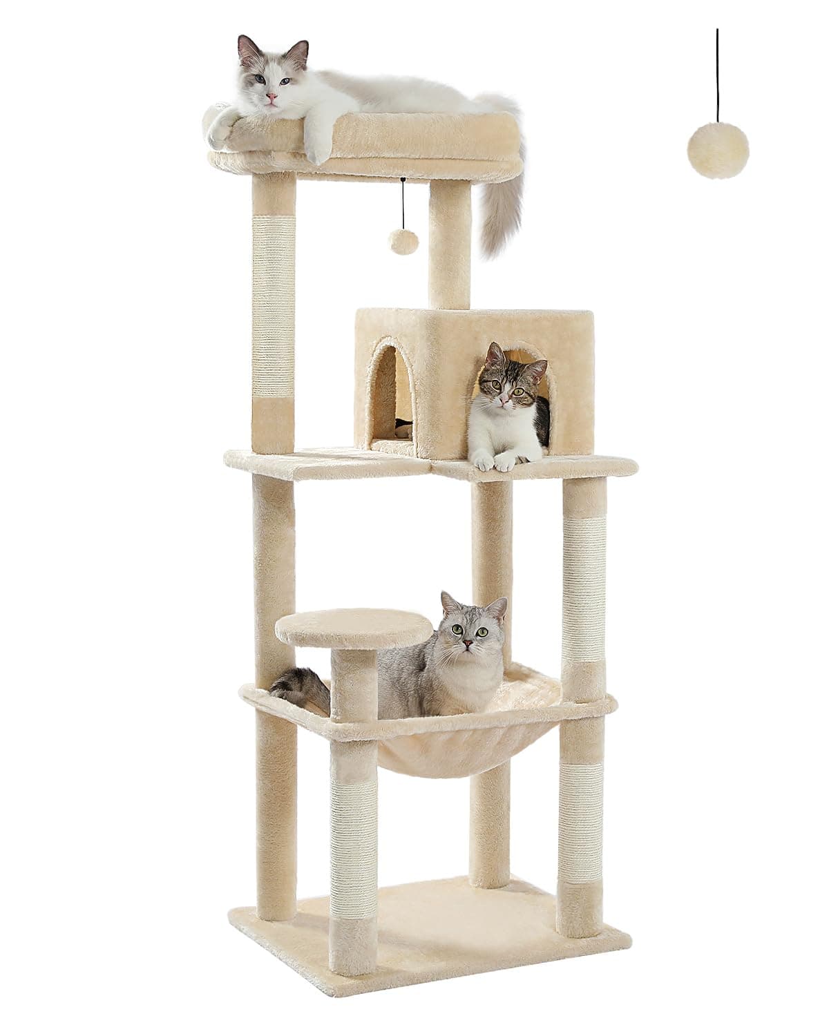 Beige Metal Plush Cat Tree for Large Cats with Hammock & 6-Tier Shelves