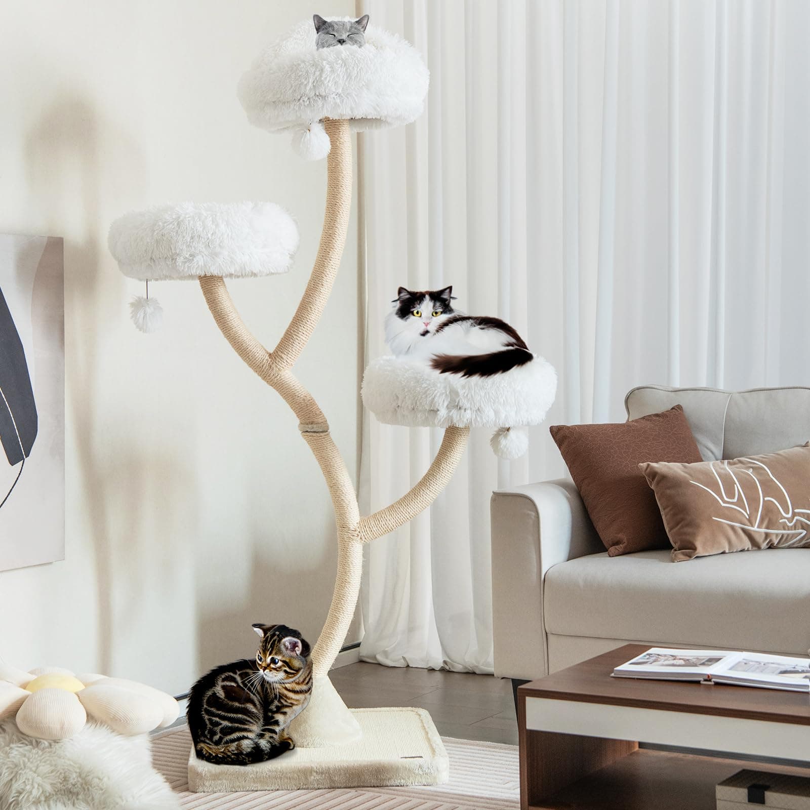 Tall 70" Cat Tree with Scratching Posts, 3 Cozy Perches & Dangling Balls for Large Cats