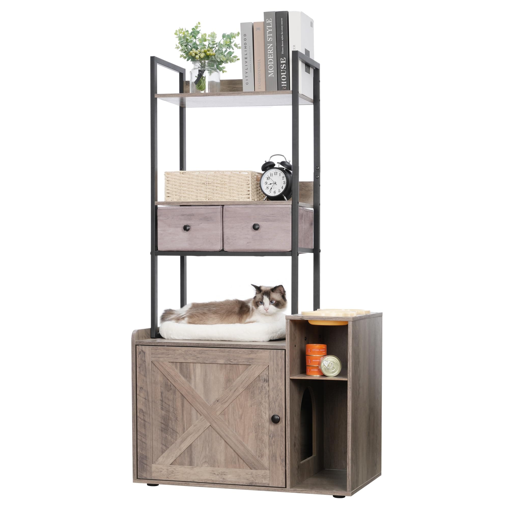 Hey-Brother Cat Litter Box Enclosure with Storage Shelves and Drawers - Rustic Gray MPJ131SG
