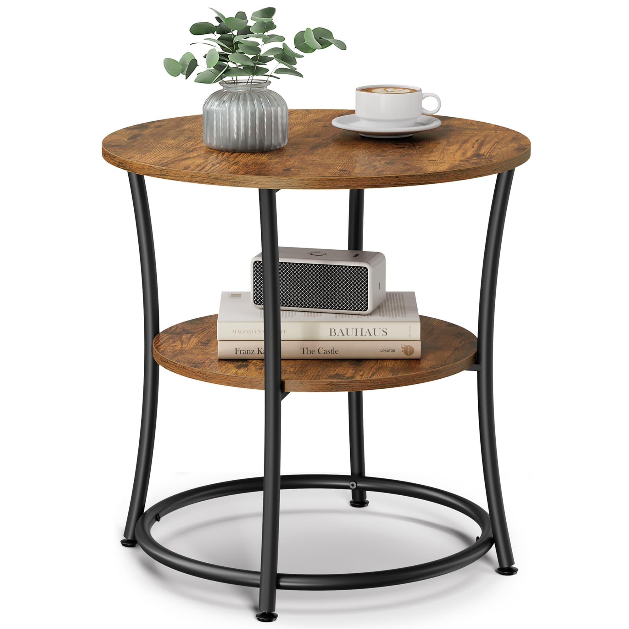 VASAGLE Round End Table with 2 Shelves for Living Room, Bedroom & Nightstand, Rustic Brown & Ink Black