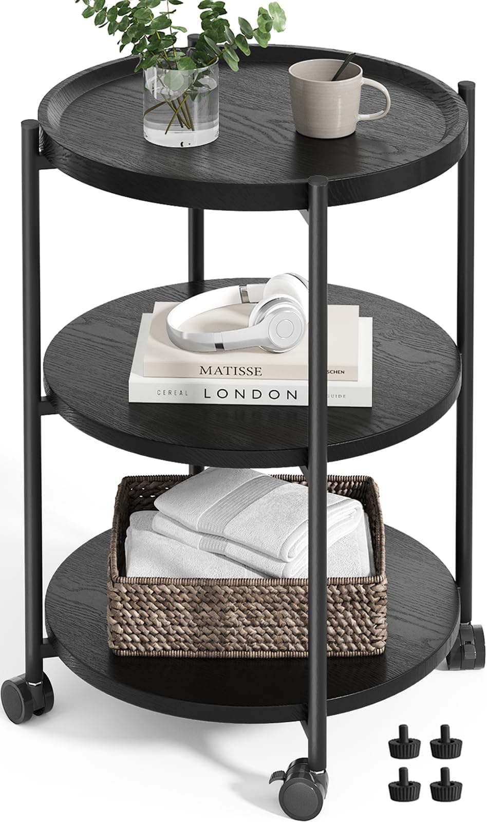Modern 3-Tier Side Table with Wheels, Black, for Living Room or Bedroom