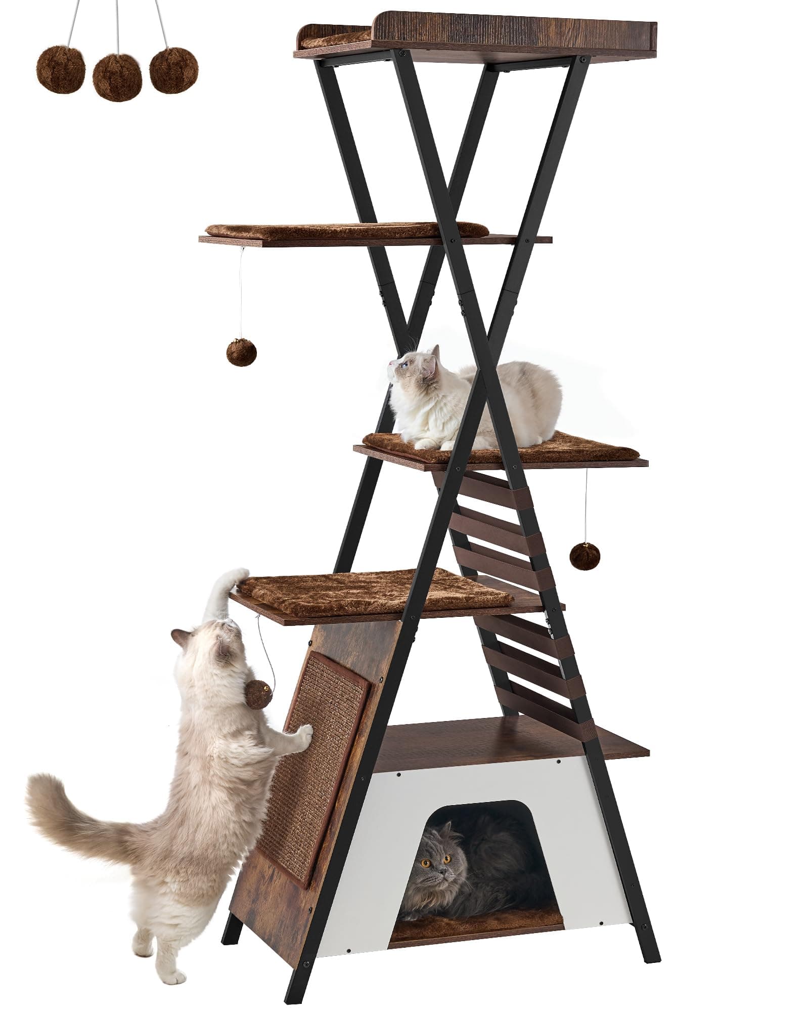 FourFurPets Modern 72.4" Multi-Level Cat Tree with Caves & Scratching Board, Rustic Brown