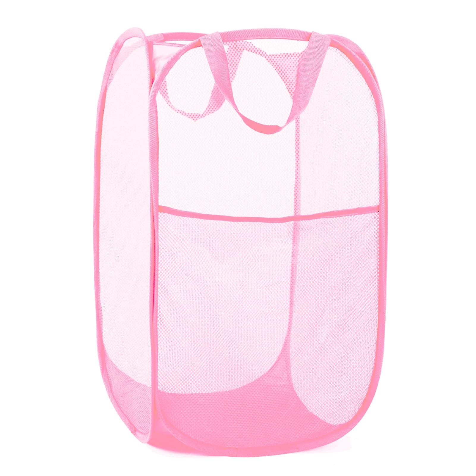 Reinforced Pink Collapsible Laundry Hamper with Side Pocket & Carry Handles