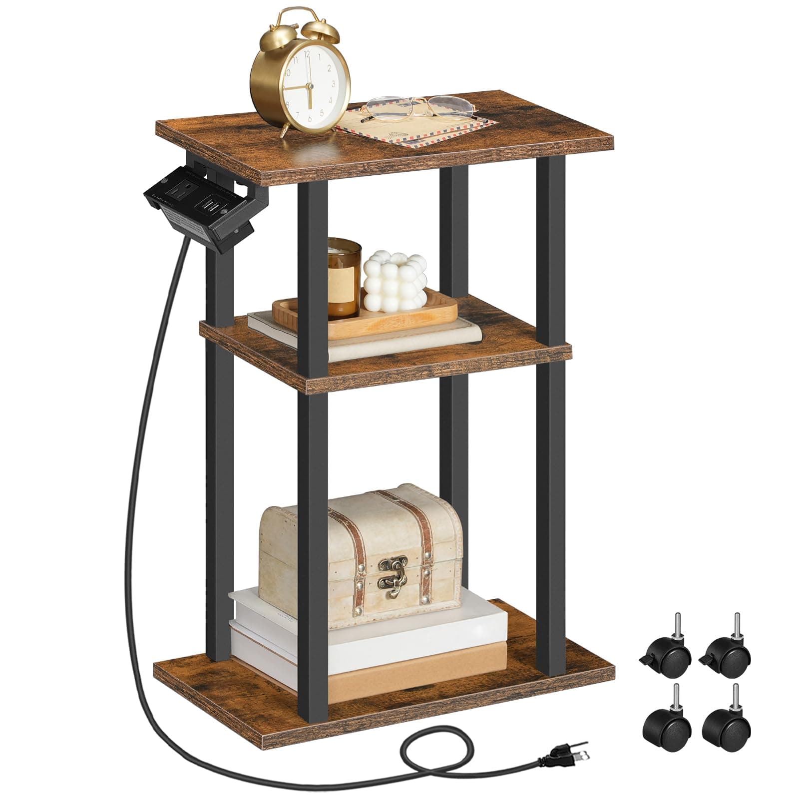 HOOBRO Small Narrow Side Table with Charging Station, Sofa Beside Table on Wheels for Living Room