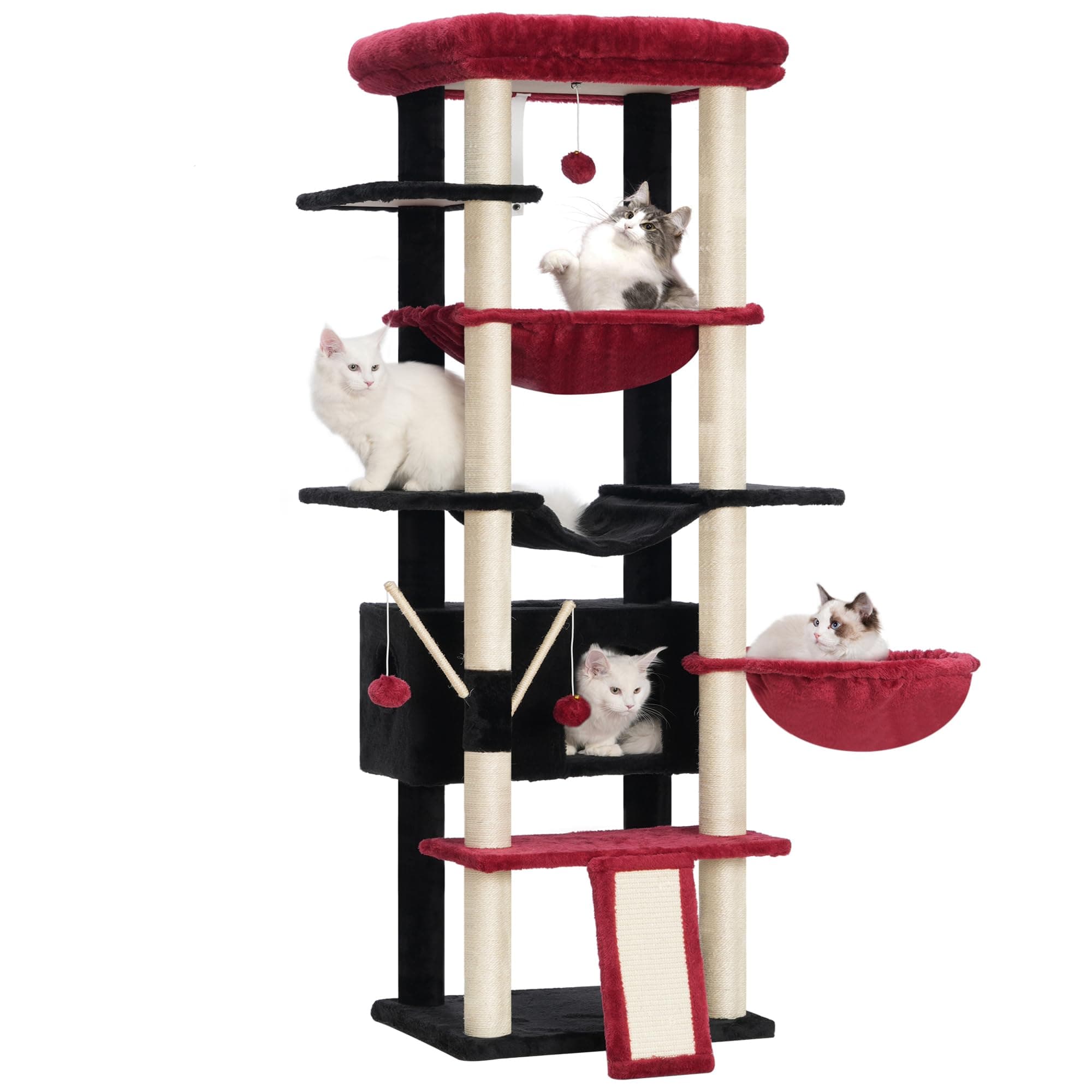Heybly Large Indoor Cat Tree for Adult Cats, 68.1-inch Tall with Sisal Scratching Posts, Multi-Level with Hammocks, Black and Red HCT035BR