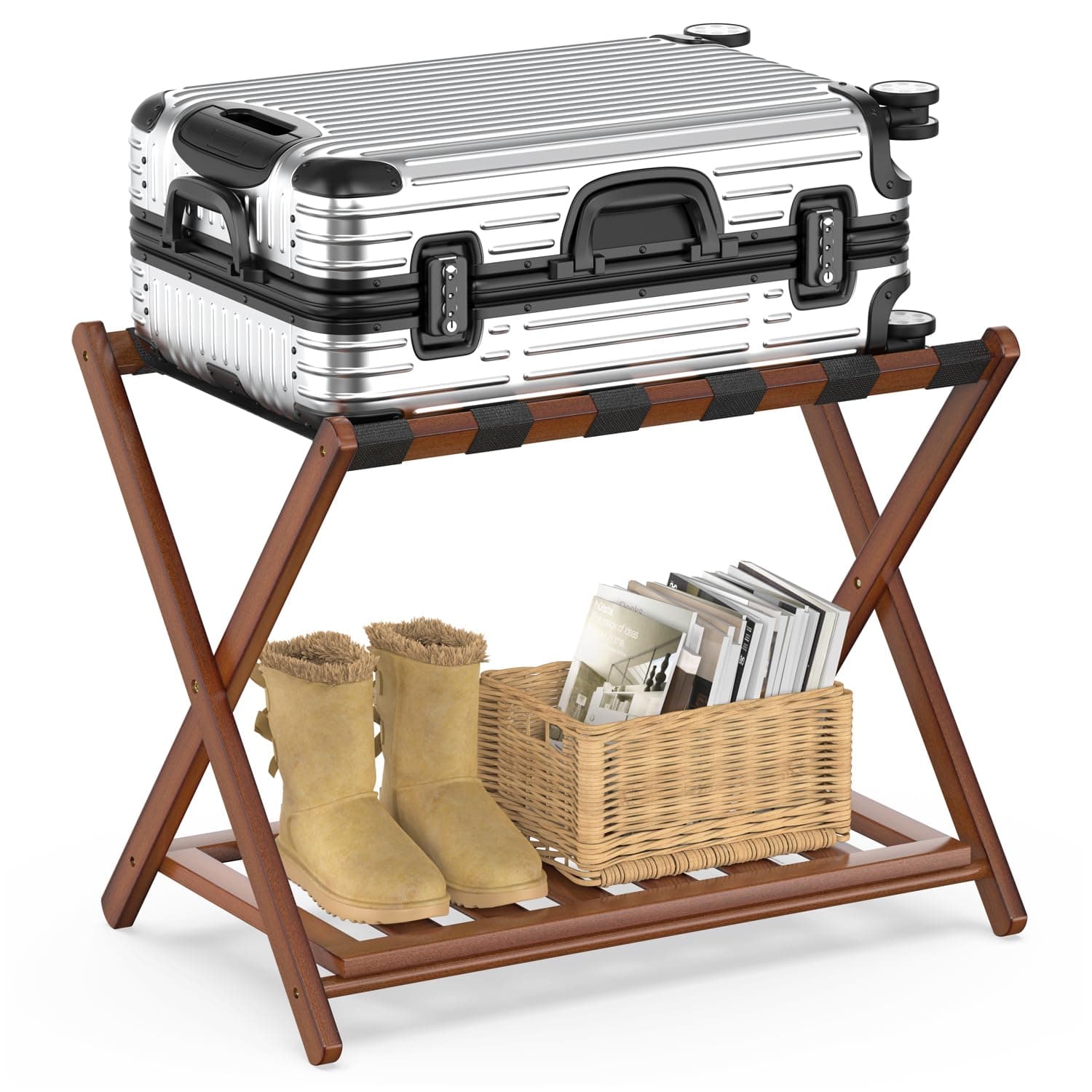 Bamboo Suitcase Stand with Storage for Guest Room, Brown