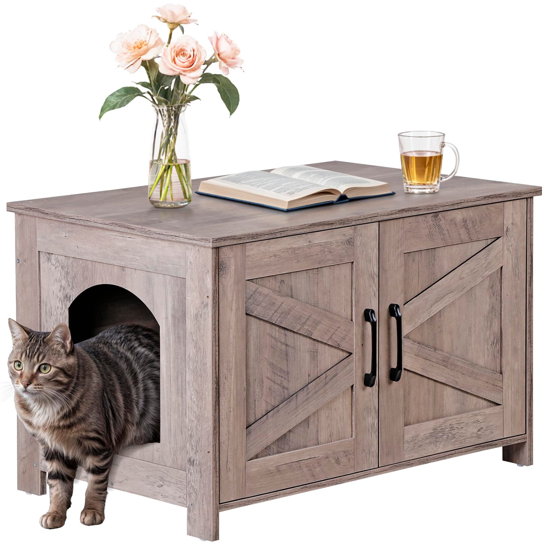 ZENY Cat Litter Box Enclosure, Wooden Divider, Farmhouse Style, Hidden Cabinet