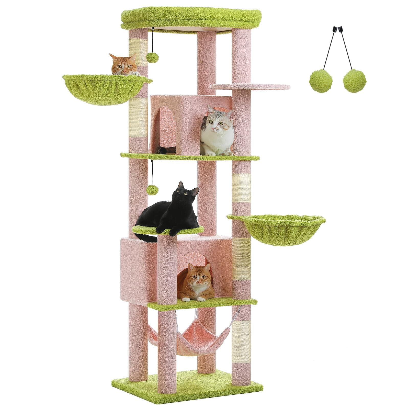 Large Multi-Level Pink Cat Tree for Indoor Cats with 3 Hammocks & 2 Condos