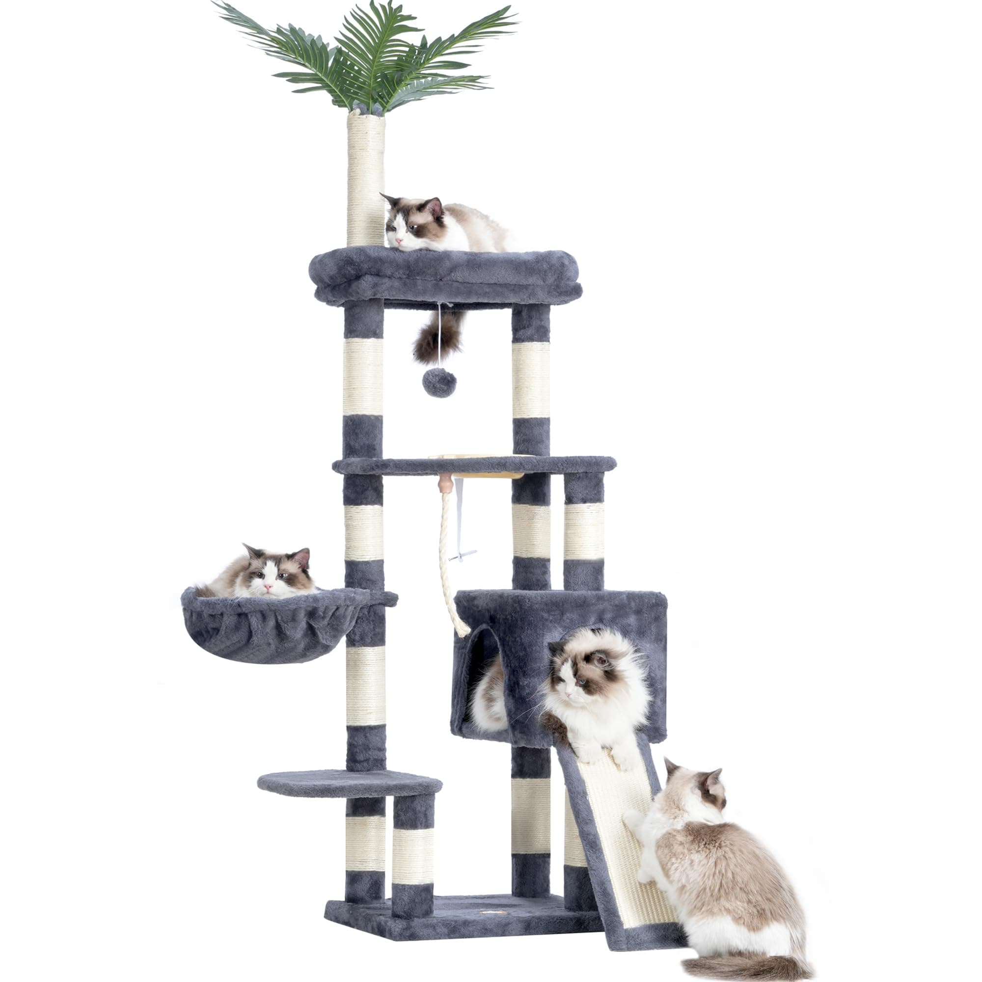 65.4-Inch Cat Tree for Indoor Cats with Plush Furniture and Scratching Posts - Smoky Gray Color (HCT015G) by Heybly