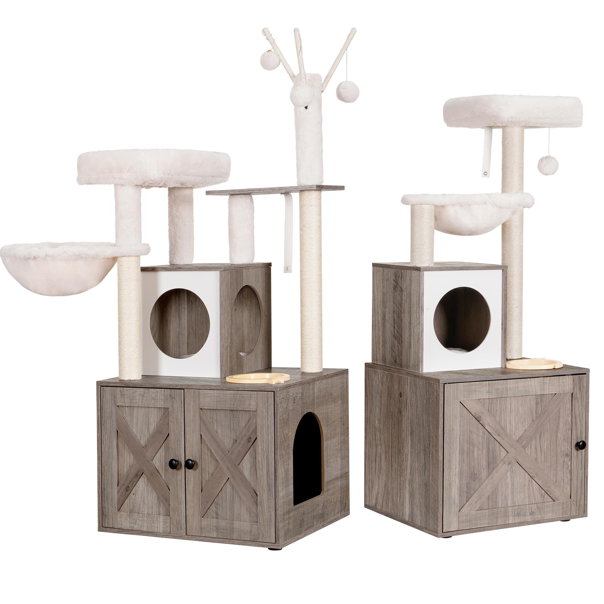 Wood Cat Tree with Food Station and Condo