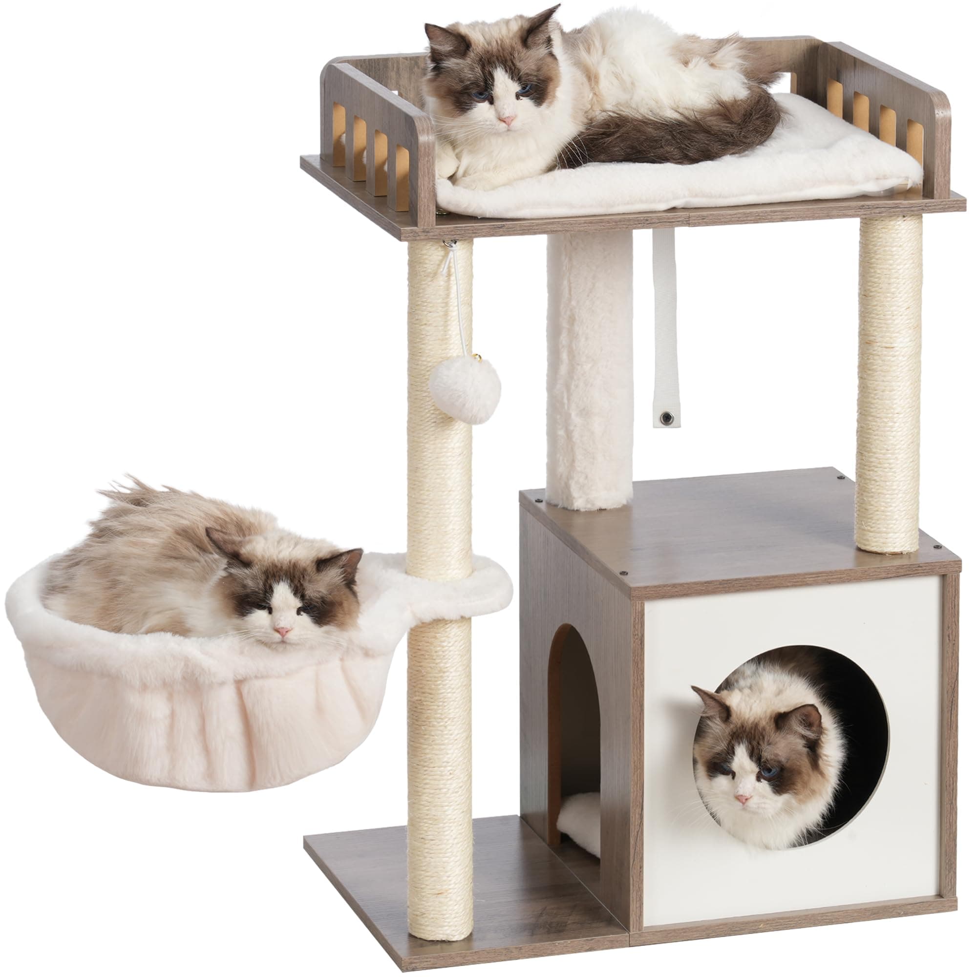 Heybly Modern Wooden Cat Tree with 3 Scratching Posts & Rustic Gray Condo HCT007SSG