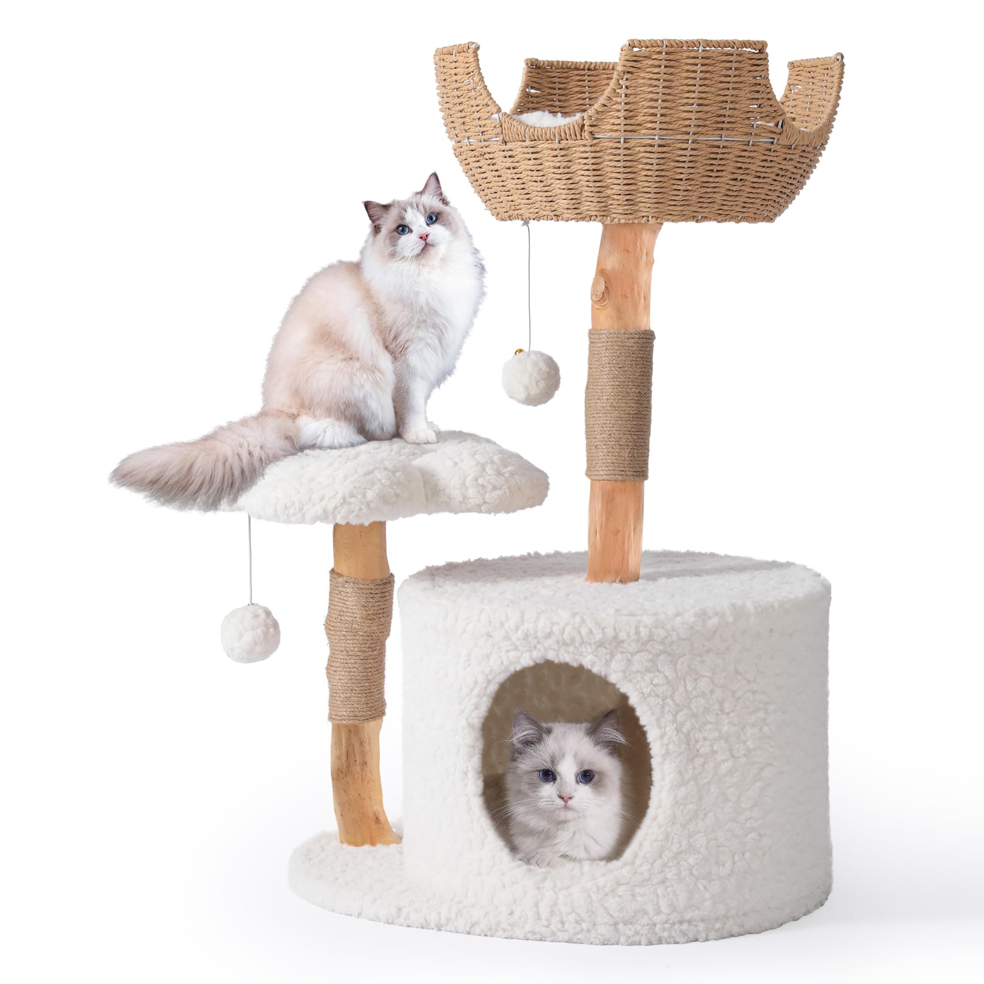 Luxurious White Wood Cat Tree by Easyego with Scratching Posts & Flower Platforms