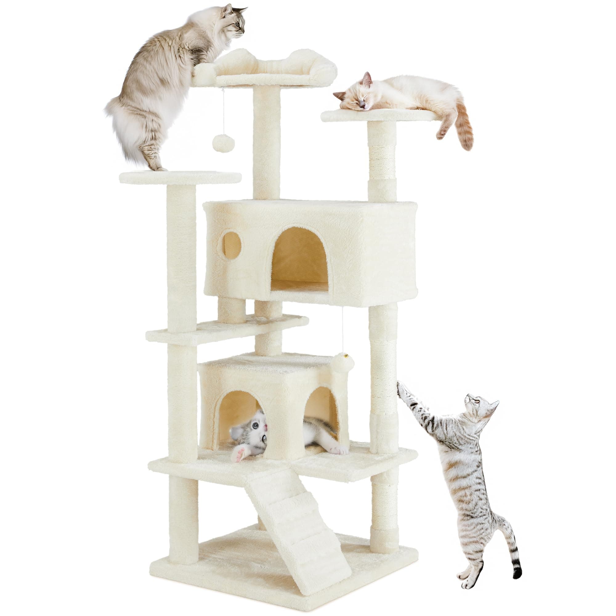 54 Inch Cat Tree Tower, Cozy Hammock & Sisal Scratching Posts, Multi-Level Beige