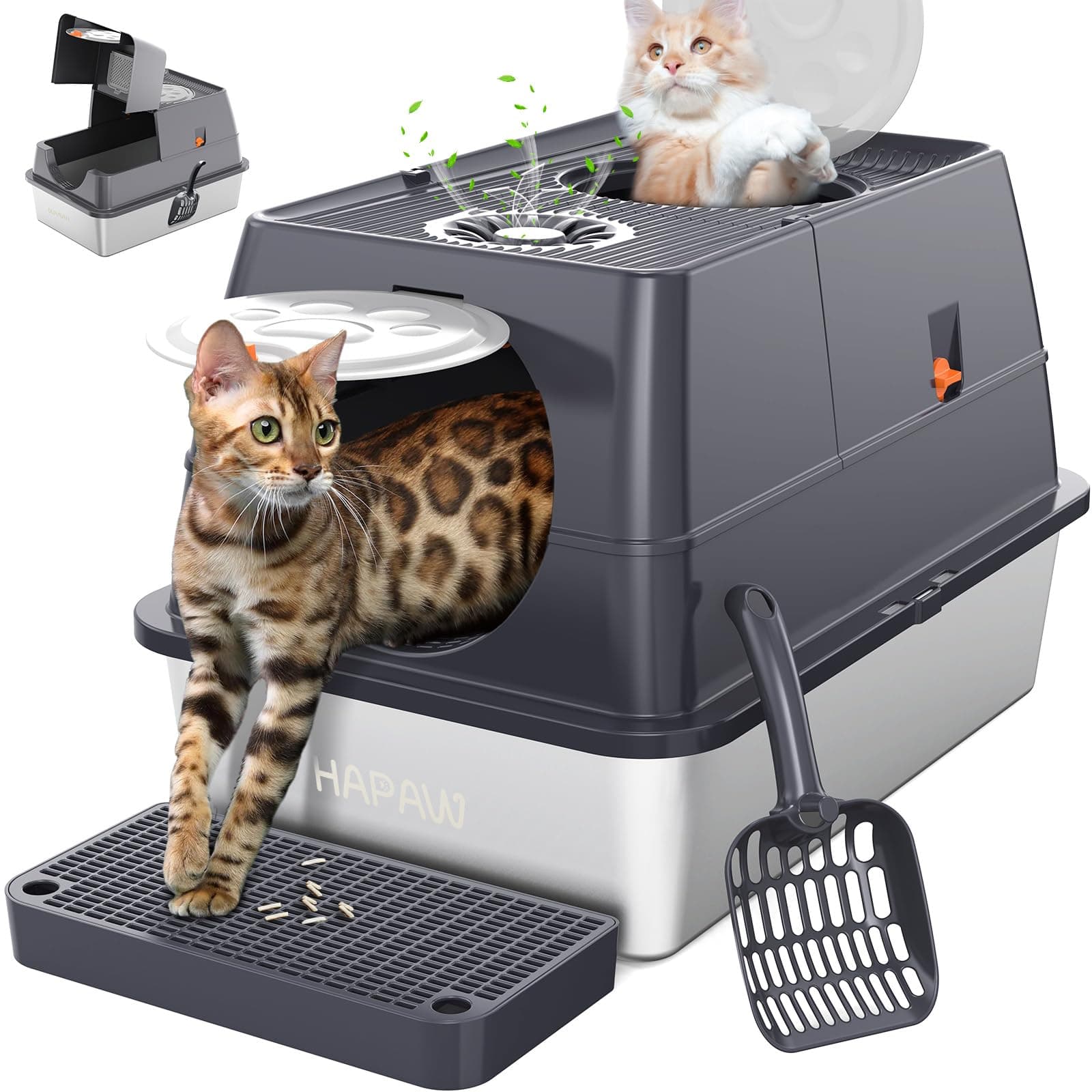 Extra Large Enclosed Stainless Steel Cat Litter Box with Lid & Scoop
