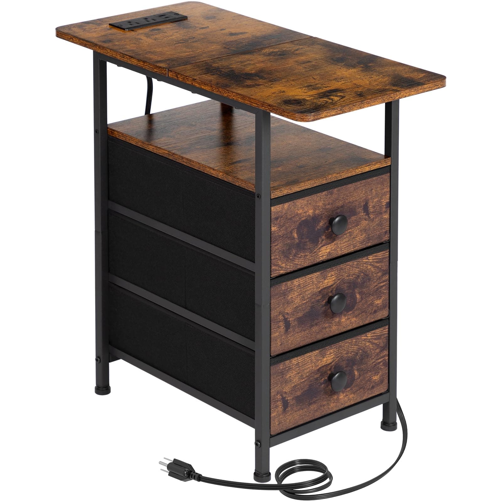 AMHANCIBLE Rustic Brown Narrow Side Table with Charging Station for Living Room and Bedroom
