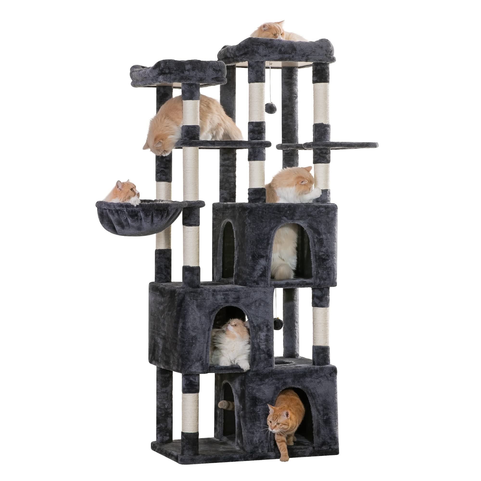 MWPO Smoky Grey Extra Large Cat Tree - 70.1-Inch Tall Multi-Level Tower with 3 Condos, Scratching Posts & Dangling Toys