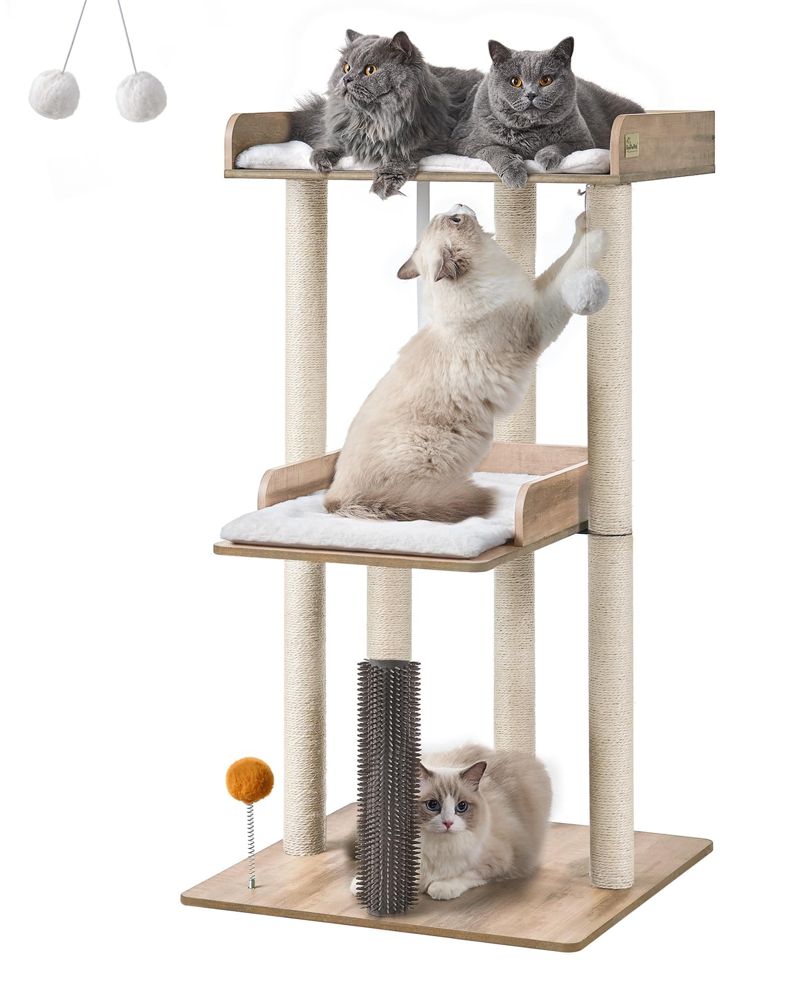 FourFurPets Modern 43.7" Large Cat Tree with Scratching Post and Wooden Perch