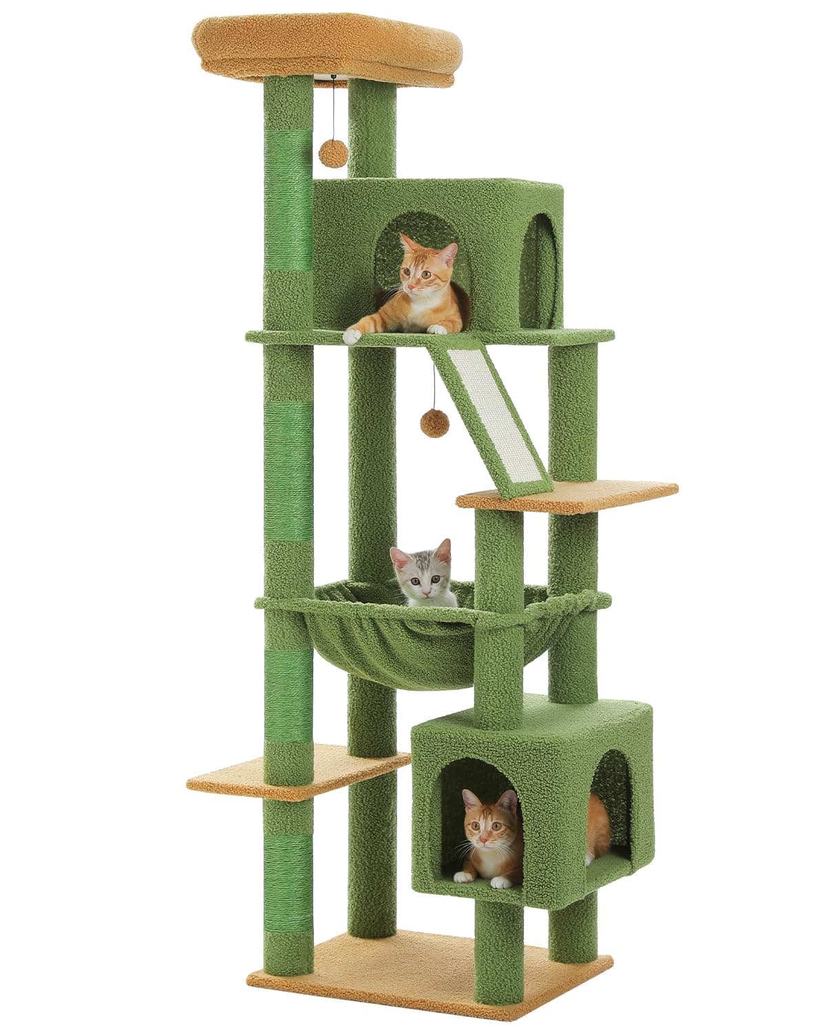 Tall Cat Tree for Large Cats 20 lbs with Hammock & 4 Sisal Posts - Cactus Green