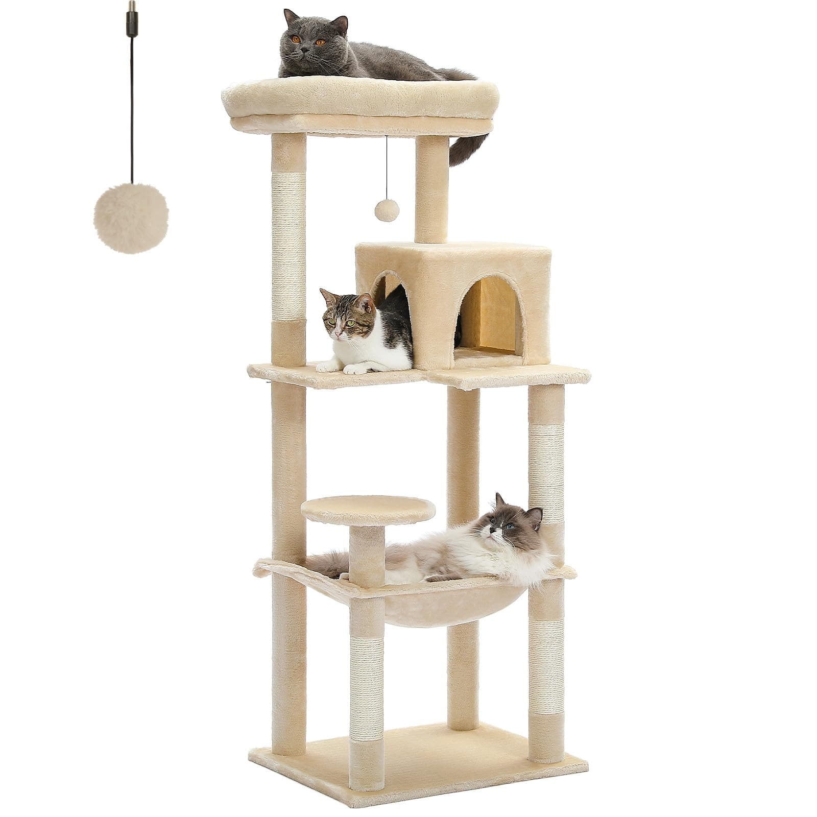 PETEPELA 56.3" Multi-Level Cat Tree with Scratch Posts, Condos, Hammock & Plush Perches Beige