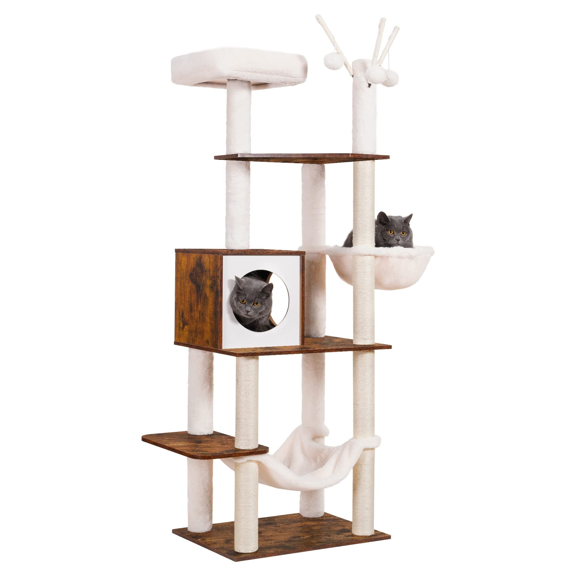 Hey-Brother Rustic Brown Wooden Cat Tree with Scratching Posts & Hammocks MPJ120SR