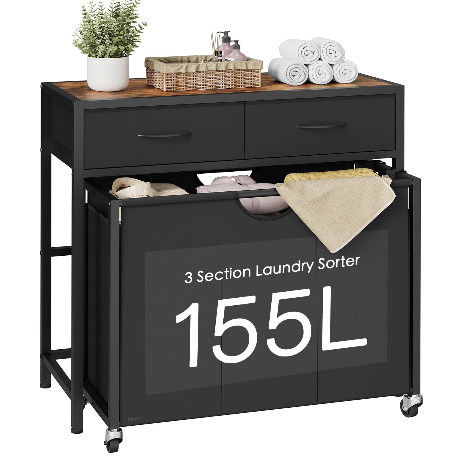 3-Section Rolling Laundry Hamper with Drawers for Organized Laundry Room
