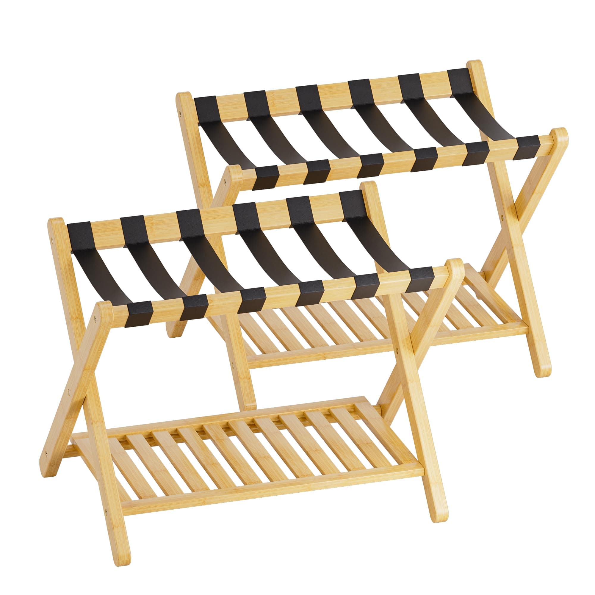 SMIBUY Foldable Bamboo Luggage Rack with Storage, Set of 2 (Natural)